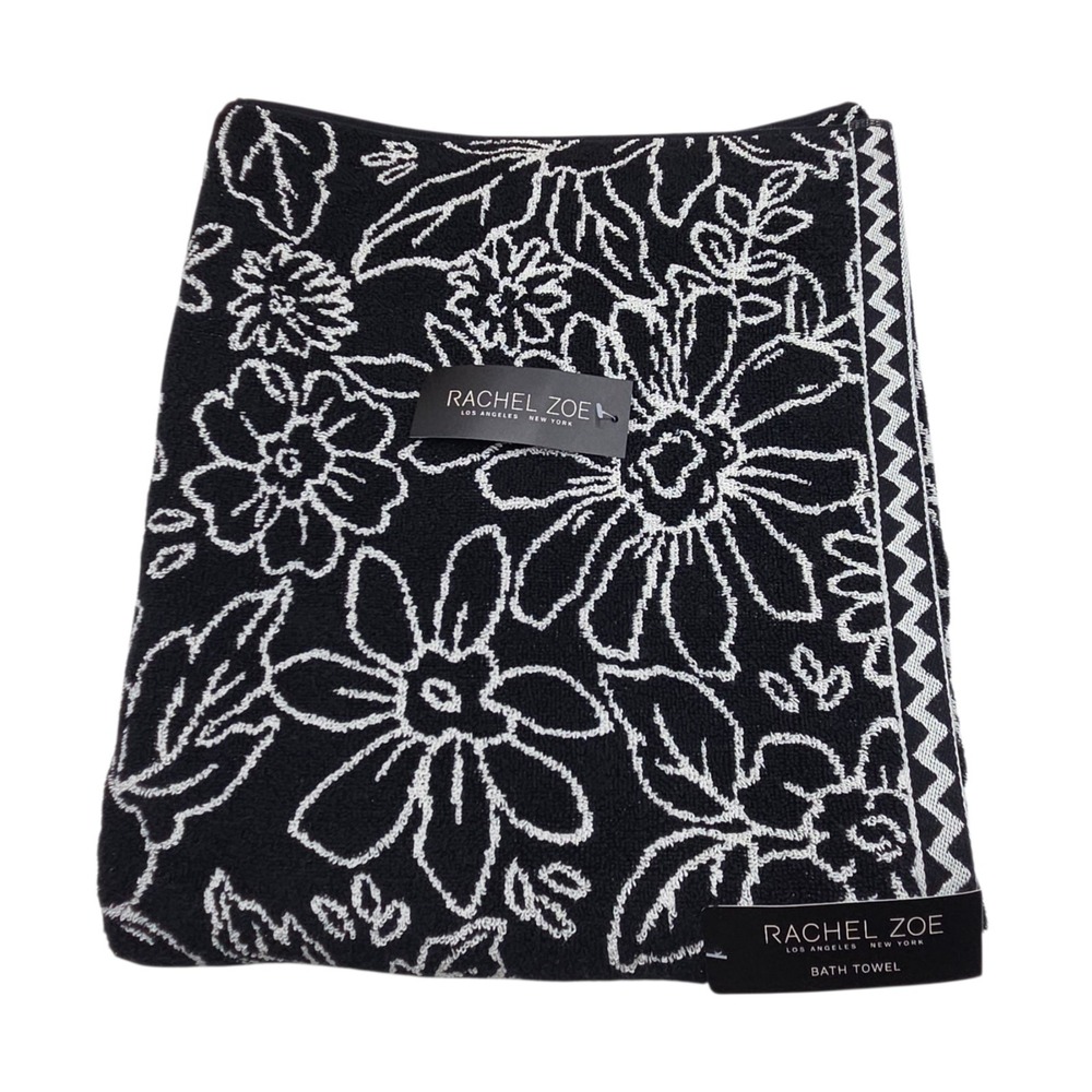 Rachel Zoe Black Ecru Floral Reversible Cotton Towel Set 4pc 2 Bath 2 Hand - Picture 7 of 12
